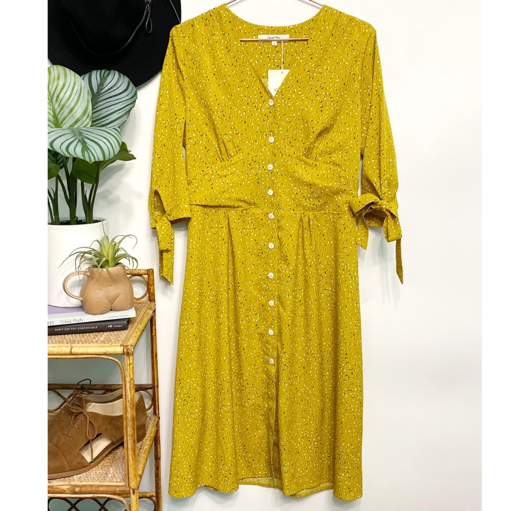 modcloth | simple retro mustard geo print tie-sleeve midi dress l - Picture 3 of 12